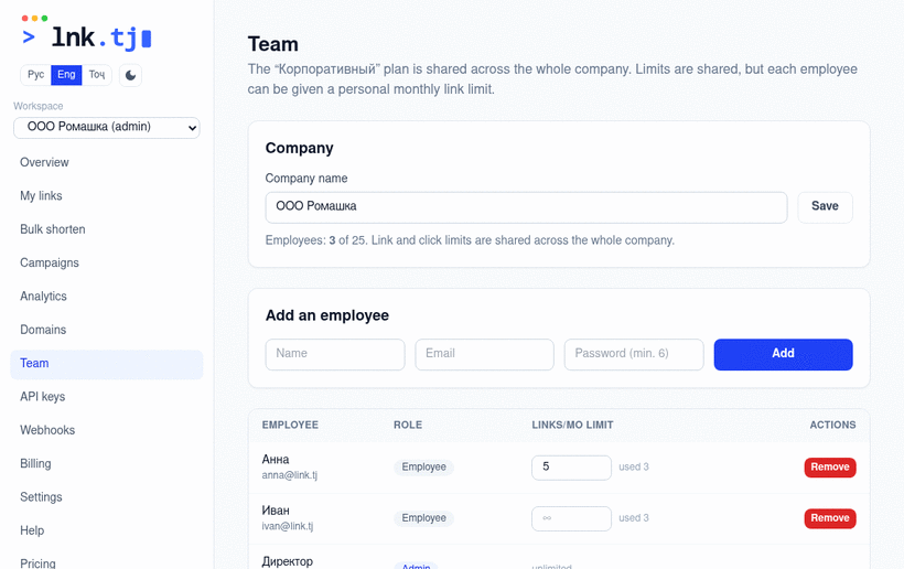 Company and employees — демо
