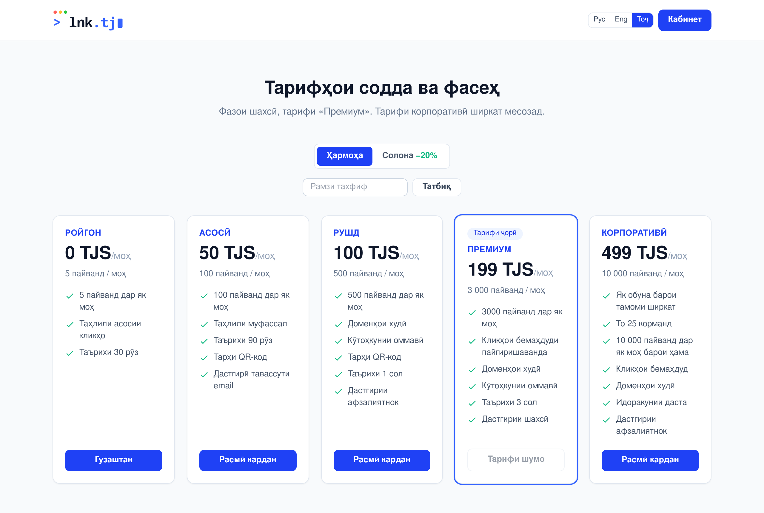 Тарифҳо, рамзҳои тахфиф, пардохти солона